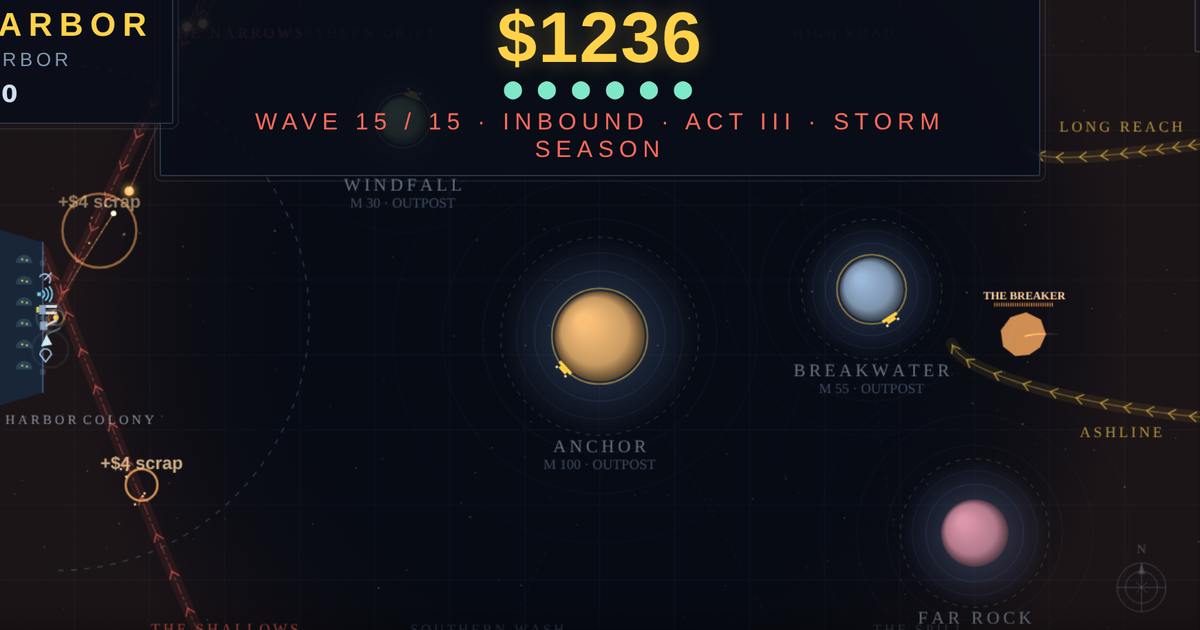 Gravity Harbor — bend a river of salvage around planets