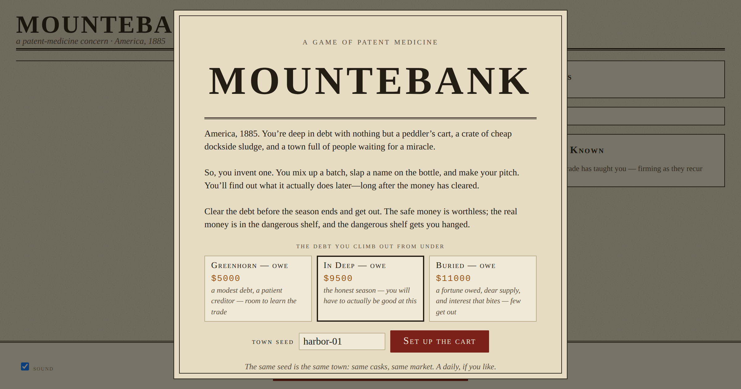 Mountebank — a patent-medicine tycoon in 1885